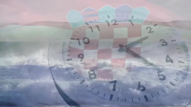 Animatie Van Vlag Van Kroatië Zee Klok Beweging Patriottisme Tijd — Stockvideo