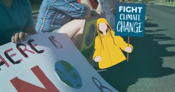Animation Caucasian Girl Fight Climate Change Placard Diverse Children Protest — Stock Video