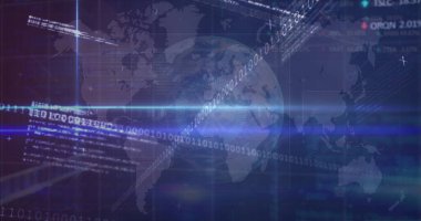 Mavi arkaplanda veri işleme ve küre resmi. küresel iş ve dijital arayüz kavramı dijital olarak oluşturulmuş görüntü.