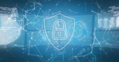 Asma kilit görüntüsü, iletişim ağı ve veri işleme üzerindeki dünya. Küresel iletişim, iş dünyası, veri güvenliği ve dijital arayüz konsepti dijital olarak oluşturulmuş görüntü.