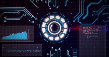 Siyah arkaplanda anakart üzerinden dairesel tarayıcı ve veri işleme görüntüsü. Veri, küresel iletişim ve dijital arayüz kavramı dijital olarak oluşturulmuş görüntü.