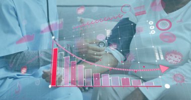 Covid 19 hücre görüntüsü ve hastanın tansiyonunu ölçen doktorun istatistik kaydı. küresel koronavirüs salgını konsepti dijital olarak oluşturulmuş görüntü.