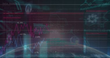 Siyah arayüzde finansal veri işleme programında dönen beyaz kız görüntüsü. Küresel iş bağlantıları veri işleme ve teknoloji konsepti dijital olarak oluşturuldu.
