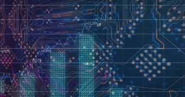 Mavi arkaplanda veri işleme resmi. küresel iş ve dijital arayüz kavramı dijital olarak oluşturulmuş görüntü.