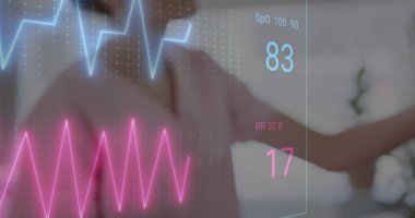 Image of colourful cardiographs over diverse female nurse and patient in hospital bed. Medicine, health and digital interface concept, digitally generated image. clipart