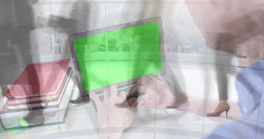 Image of man using laptop with green screen over sped up commuters walking in modern building. business and communication technology concept digitally generated image. clipart