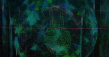 Dijital asma kilidin üzerinde parmak izi olan şekillerden oluşan bir küre. Veri işleme, dijital güvenlik kavramı dijital olarak oluşturulmuş görüntü.