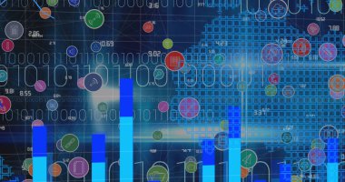 Arkaplanda dünya haritası üzerinde ikili kodlama olan dijital simgelerin ve veri işlemenin resmi. küresel bağlantılar ve dijital arayüz konsepti dijital olarak oluşturulmuş görüntü.