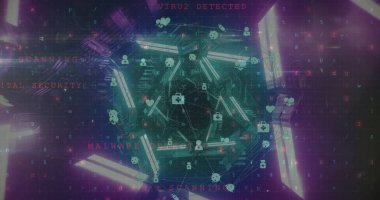 Neon tüneli üzerinden ikonlar ve veri işleme ağları görüntüsü. Küresel teknoloji, bilgisayar ve dijital arayüz kavramı dijital olarak oluşturulmuş görüntü.