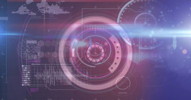 Yuvarlak tarayıcı üzerinde ışık noktası ve siyah arkaplana karşı veri işleme ile dijital arayüz. bilgisayar arayüzü ve teknoloji kavramı