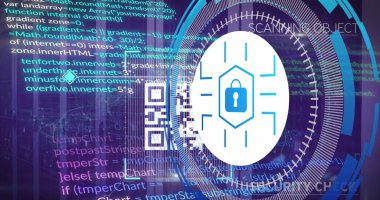 Sunucu odasında asma kilit simgesiyle veri işleme resmi. Küresel teknoloji ve dijital arayüz konsepti dijital olarak oluşturuldu