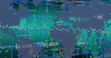 Ortam simgeleri üzerinde veri işleme resmi. Küresel iş ve dijital arayüz kavramı dijital olarak oluşturulmuş görüntü.