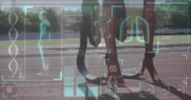 Koşu parkurunda çalışan engelli erkek sporcunun dijital veri işleme görüntüsü. global spor, rekabet, engellilik ve dijital arayüz kavramı dijital olarak oluşturulmuş görüntü.