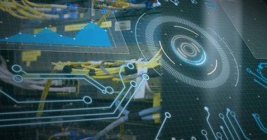 Image of statistics and data processing on grey background. Global business finance and connections concept digitally generated image.