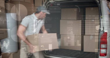 Teslimatçı ve minibüsün istatistik ve mali veri işleme görüntüsü. küresel gönderim, dağıtım, iş, veri işleme ve teknoloji konsepti dijital olarak oluşturuldu.