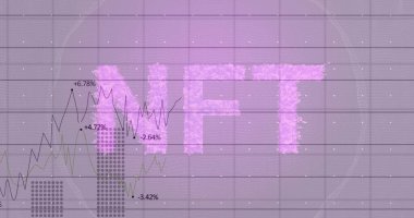 Nft text banner over grid network against statistical data processing against purple background. cryptocurrency and art technology concept