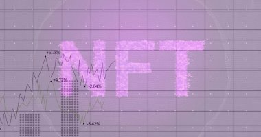 Nft text banner over grid network against statistical data processing against purple background. cryptocurrency and art technology concept clipart