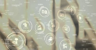 Arka plandaki depoya karşı dijital simgeler ve iş konsepti metinleri ağı. küresel ağ ve lojistik ulaşım sektörü konsepti