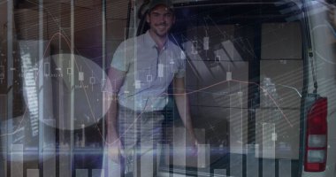 Teslimat kamyonunda kutu istiflemekte olan Kafkas kurye hakkında istatistiksel veri işleme. lojistik ve ulaşım sektörü kavramı