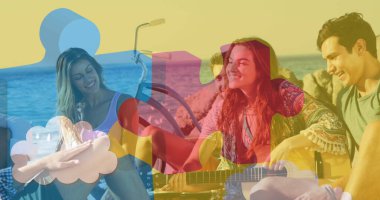 Yaz plaj partisinde mutlu arkadaşlar üzerine renkli yapboz parçaları. otizm, öğrenme güçlüğü, destek ve farkındalık kavramı dijital olarak oluşturulmuş görüntü.