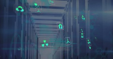 Sunucu odasındaki veri işleme ve ekoloji simgelerinin resmi. Küresel iş ve dijital arayüz kavramı dijital olarak oluşturulmuş görüntü.