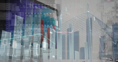 Ters dönmüş yüksek binalara karşı bilgisayar üzerinden istatistiksel veri işleme görüntüsü. İş veri teknolojisi kavramı