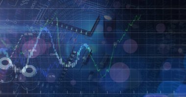 Bilgisayar anakart üzerinde veri işleme grafikleri ve grafikleri. Küresel iletişim, iş, veri ve dijital arayüz kavramı dijital olarak oluşturulmuş görüntü.