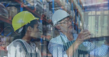 Depoda çalışan kadın ve erkeğin istatistik ve mali veri işleme görüntüsü. küresel gönderim ve bağlantılar konsepti dijital olarak oluşturulmuş görüntü.