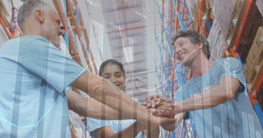 Depoda çalışanların veri işleme görüntüsü. küresel sevkiyat, dağıtım ve bağlantılar konsepti dijital olarak oluşturuldu.