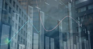 Mali veri işleme ve ofis binalarında yürüyen iş adamlarının görüntüsü. küresel finans, iş ve dijital arayüz kavramı dijital olarak oluşturulmuş görüntü.