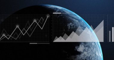 Dünya çapında finansal veri işleme görüntüsü. Küresel hesaplama, dijital arayüz ve veri işleme kavramı dijital olarak oluşturuldu.