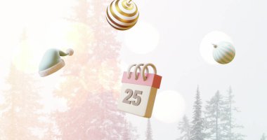 25 numara tarihi ve noel süslemeleri olan takvim resmi. Noel, şenlik, gelenek ve dijital olarak üretilen görüntü konsepti.