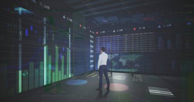 İş adamının mali veri işleme görüntüsü. küresel finans, iş ve dijital arayüz kavramı dijital olarak oluşturulmuş görüntü.