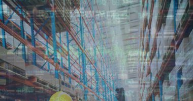 Borsa görüntüsü ve boş depo üzerinden finansal veri işleme. küresel sevkiyat, dağıtım ve bağlantılar konsepti dijital olarak oluşturuldu.