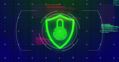 Mavi arka planda biyometrik parmak izi güvenlik kontrolüyle tarama ve veri işleme görüntüsü. Dijital arayüz küresel bağlantı ve dijital olarak oluşturulan iletişim konsepti.
