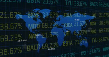 İstatistiklerin ve sayıların resmi, dünya haritası üzerinde finansal veri işleme. küresel finansman, iş dünyası, dijital arayüz ve dijital olarak üretilen görüntü konsepti.