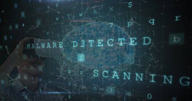 VR kulaklık kullanan beyaz adam ve beyin üzerinde veri işleme görüntüsü. küresel iş ve dijital arayüz kavramı dijital olarak oluşturulmuş görüntü.