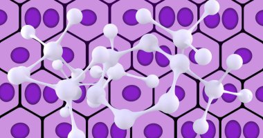 Image of molecules over violet cells on black background. Human biology, anatomy and body concept digitally generated image. clipart