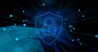 Arka planda bağlantı ağı olan çevrimiçi güvenlik asma kilidi resmi. küresel bağlantılar, dijital arayüz ve dijital olarak oluşturulan güvenlik konsepti.