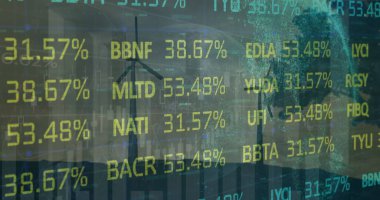 Dünya genelinde dönen yel değirmenlerine karşı istatistiksel ve borsa veri işleme görüntüsü. Küresel ekonomi ve yenilenebilir enerji teknolojisi kavramı