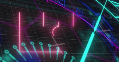 Mor zemin üzerinde veri işleme ve değişen numaraların resmi. Küresel işletme veri işleme teknolojisi ve dijital arayüz konsepti dijital olarak oluşturulmuş görüntü. 