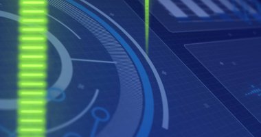 Dijital bir arayüz gelecekteki teknoloji elementlerini gösteriyor. Grafikler gelişmiş bir bilgisayar ya da iletişim bağlamında yüksek teknolojili bir ortam olduğunu gösteriyor..