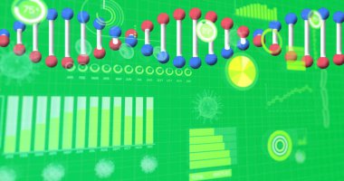 Tıbbi veri işleme ile dönen DNA ipliği görüntüsü. Küresel iletişim teknolojisi ve dijital veri paylaşım kavramı dijital olarak oluşturuldu.