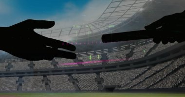 Spor stadyumuna sopa uzatan el siluetine karşı mali veri işleme. Spor yarışması ve turnuva konsepti