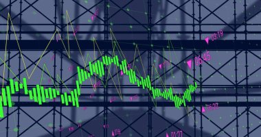İskele görüntüsü, finansal veri işleme ve istatistik. küresel gelişim, iş dünyası, dijital arayüz ve dijital olarak oluşturulan veri işleme kavramı.