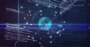 Veri işleme görüntüsü, bağlantıları olan dünya ve donanma arka planında ışıklar. Veri işleme, ağ ve bağlantılar konsepti dijital olarak oluşturuldu.