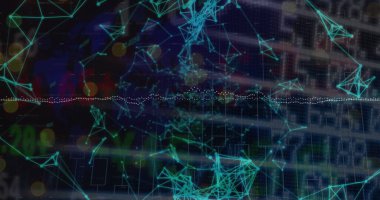 Borsa veri işleme ağı üzerinden kara arka plana karşı bağlantılar. Küresel ekonomi ve küresel ağ teknolojisi kavramı