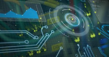 Image of statistics and data processing on grey background. Global business finance and connections concept digitally generated image.