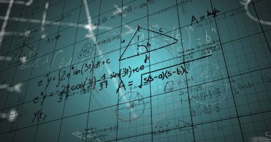 Yeşil zemin üzerinde bilimsel veriler, grafikler ve matematik formülleri olan dijital ekran görüntüsü. Bilim, matematik, bilgi ve eğitim konsepti dijital olarak oluşturulmuş imaj.