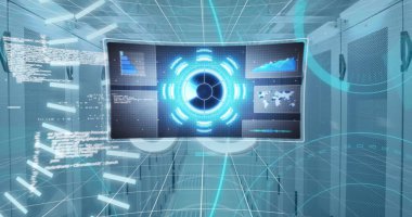 Ekran ve bilgisayar sunucuları üzerinde veri işleme resmi. küresel bağlantılar, veri işleme ve hesaplama kavramı dijital olarak oluşturulmuş resim.